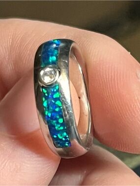 925 Sterling Silver Blue Opal Inlay Ring – USA Made w/ Accent Stone